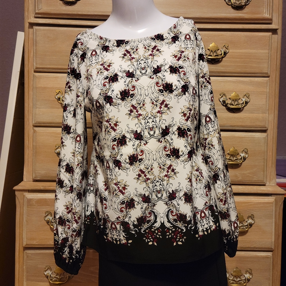 WHBM White, Black & Maroon Floral Patterned Long Sleeve Blouse